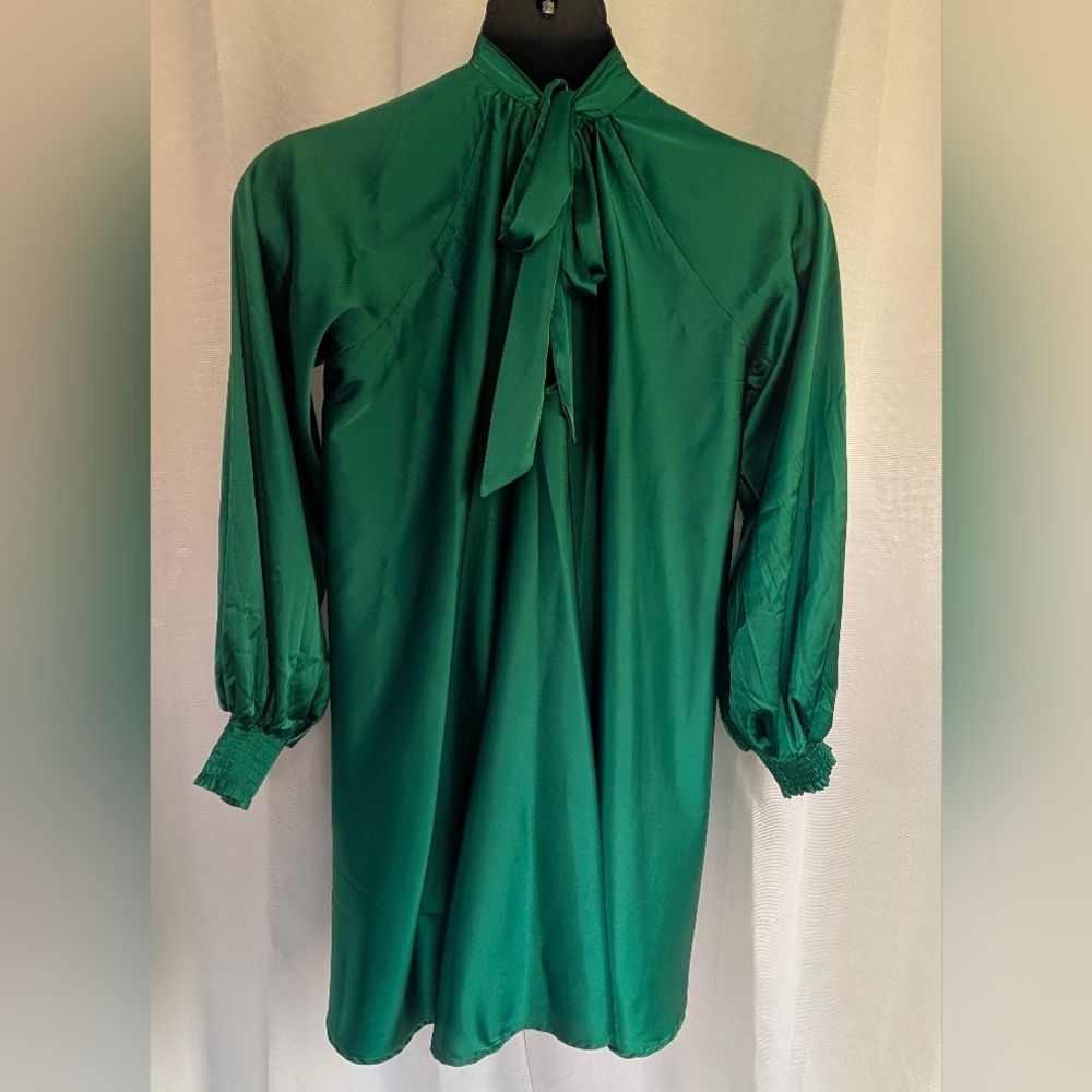 Emerald Green High Shine High tie neck Long Sleeve Flowing Aura Dress - Picture 9 of 16